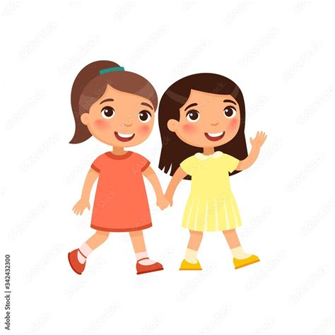 Two little girls go holding hand, cartoon characters. Smiling kids isolated on white background ...