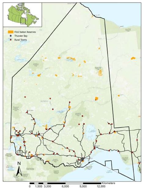 Map of northwestern Ontario showing the location of Thunder Bay, rural ...