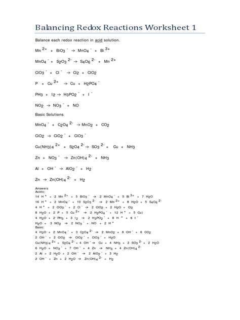 Balancing Redox Reactions Worksheet Work