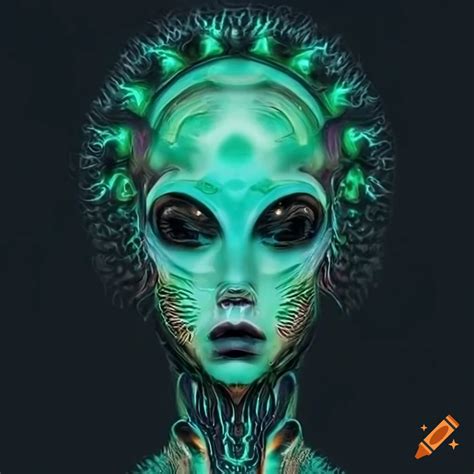 Psychedelic graphic design logo of a futuristic sensual alien woman on Craiyon
