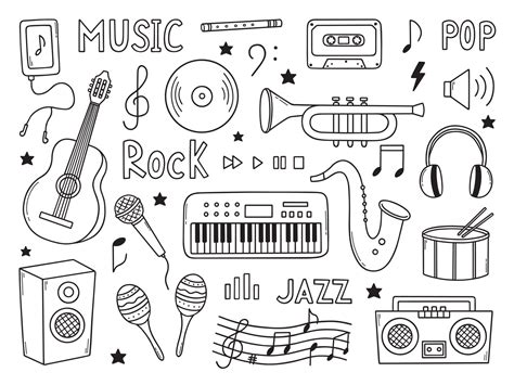 Hand drawn Music doodle. musical instruments, notes, headphones in sketch style. Vector ...