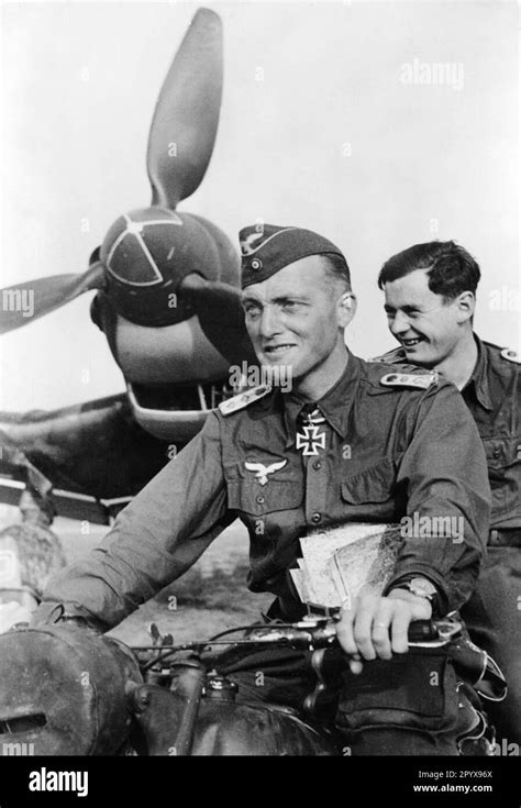 "Pilot Peter Gaßmann with his gunner in front of his Junkers Ju 87 ...