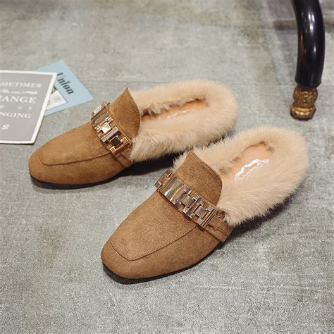 ladies fur slippers designer shoes women luxury 2019 mules shoes women suede square heel ...