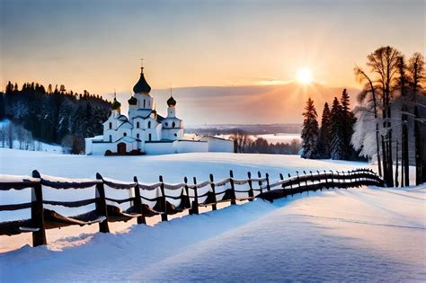 Premium AI Image | a beautiful landscape with a snow covered church in the background