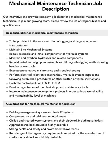 Mechanical Maintenance Technician Job Description | Velvet Jobs