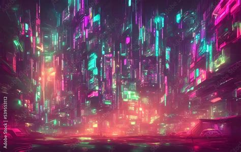 Science fiction neon city night panorama. illustration of dark ...