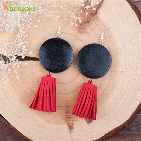 8SEASONS Women Drop Earrings Handmade Silver color Black Round Wood Beaded Korea Velvet Red ...