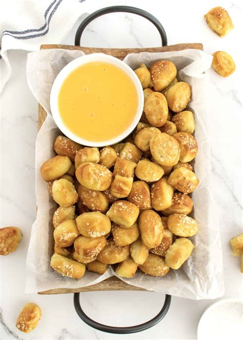 Soft Pretzel Bites with Cheese Sauce - The BakerMama