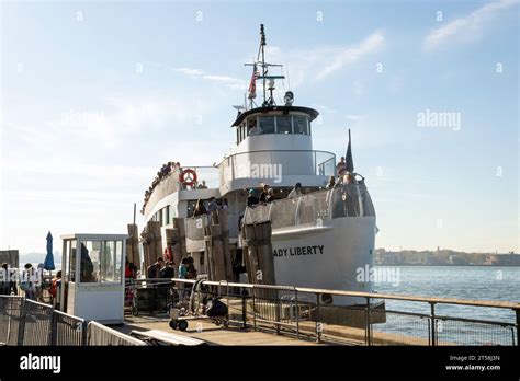 Statue Cruises passenger ferry Lady Liberty. Transporting tourists to the Statue of Liberty from ...