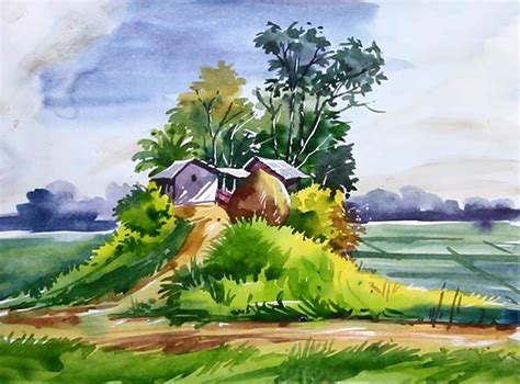 watercolor landscape Bangladeshi village nature scenery painting : painting