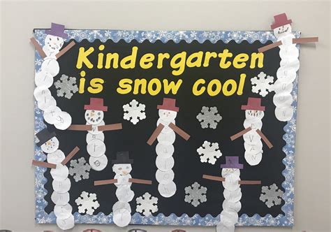 a bulletin board with snowmen on it that says, kindergarten is snow cool