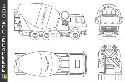 Truck with concrete Mixer DWG Drawing. Free download in Autocad 2D.