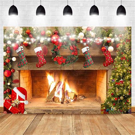 Christmas Fireplace Backdrop, Christmas Fireplace Family Picture Vinyl Photography Background ...