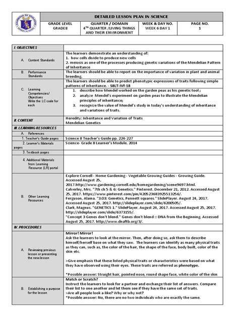 detailed lesson plan in science 8 | Heredity | Genetics