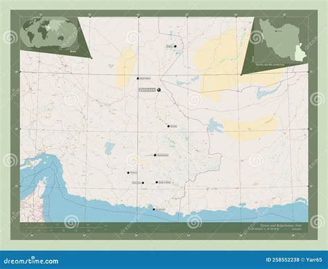 Sistan and Baluchestan, Iran. OSM. Labelled Points of Cities Stock Illustration - Illustration ...