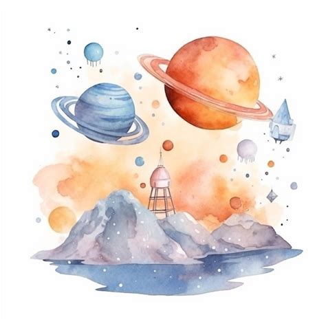 Premium Photo | Watercolor planets in the sky with planets