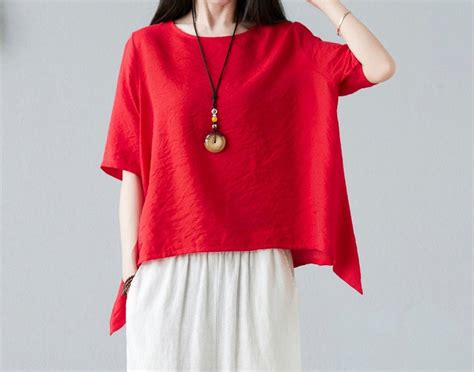 Asymmetrical Linen Tops in Red Plus Size Linen Tops Oversize - Etsy UK