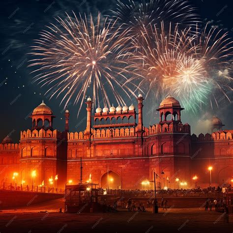 Premium AI Image | illustration of Red Fort at Night with Fireworks ...