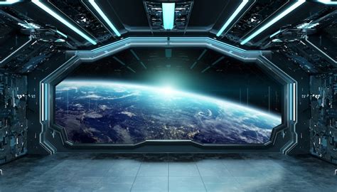 Premium Photo | Dark blue spaceship futuristic interior with window view on planet earth 3d ...