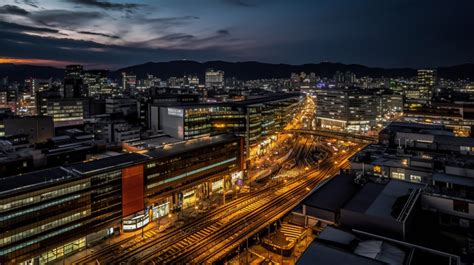 Cityscape Night At With A Train Track And Mountains In The Background ...