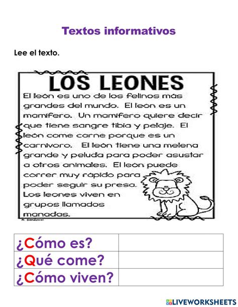 Texto informativo. Los leones worksheet