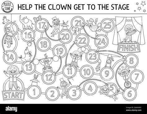 Circus black and white dice board game for children with clown going to stage. Amusement show or ...