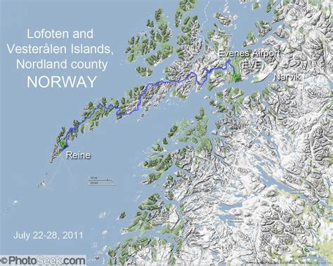 Northern Norway map of driving route over mountainous terrain, bridges ...