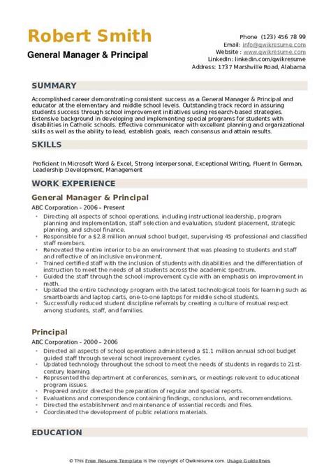 Free Principal Resume Templates - FREE PRINTABLE TEMPLATES