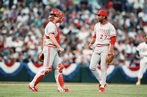 Jose Rijo and Joe Oliver of the Cincinnati Reds talk during the 1990 ...