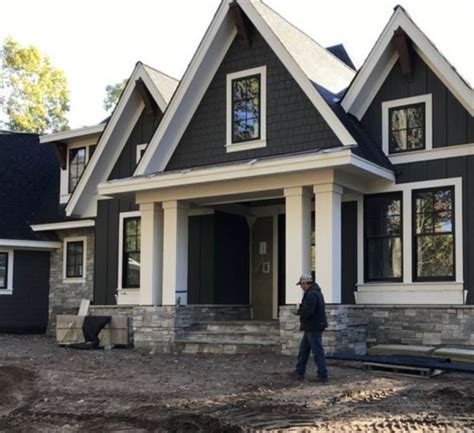 Dark blue house with white trim & black windows | Grey exterior house ...