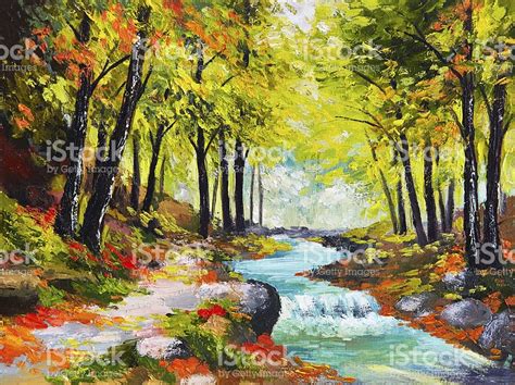 landscape oil painting - river in autumn forest | Nature canvas ...