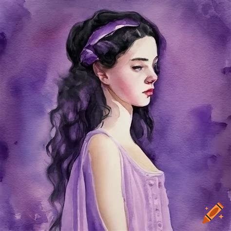 A watercolor painting of a girl with long black wavy hair wearing her sleepwear for a historical ...