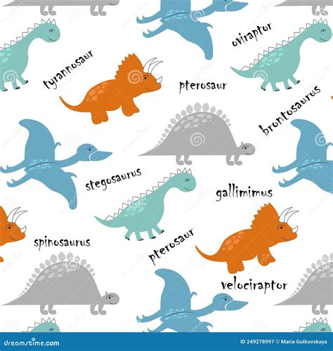 Dinosaurs in Cartoon Style. Seamless Pattern with the Names of ...