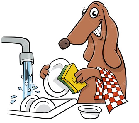 Cartoon Illustration Of Funny Dog Animal Character Washing Dishes, Art ...