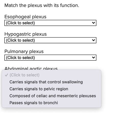 SOLVED: Match the plexus with its function. Esophageal plexus (Click to ...
