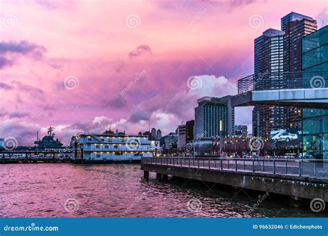 February 2016 Pink Sky Sunset Time at Pier in Lower Manhattan, N Editorial Photo - Image of ...