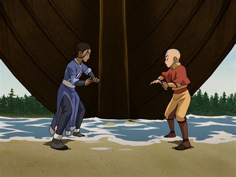 Avatar Aang and Katara using waterbending to push and pull the water until the pirate ship ...