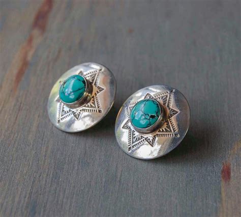 Vintage Navajo Sterling Turquoise Disc Earrings Geometric Post Earrings ...