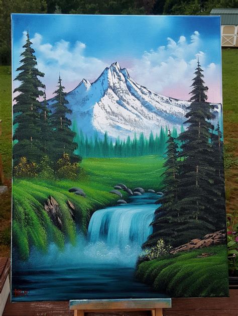 "Bob Ross Style Mountain Waterfall", Oil, 18x24 canvas : r/Art