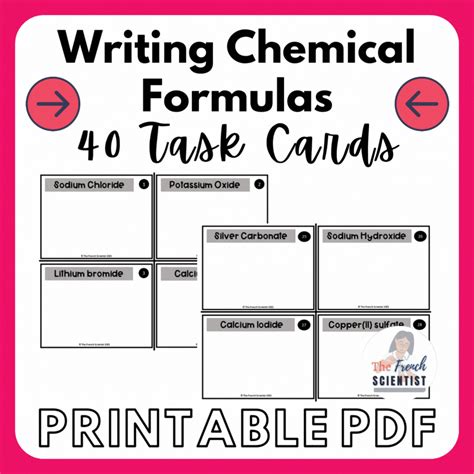 the printable worksheet for writing chemical formulas and task cards is ...