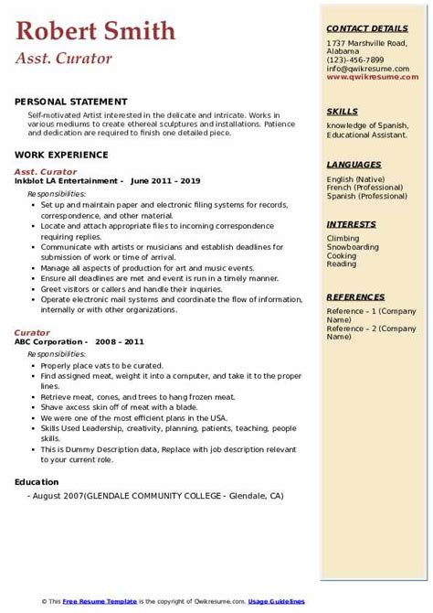 Curator Resume Samples | QwikResume