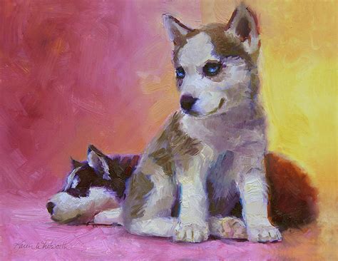 Double Trouble - Alaskan Husky Sled Dog Puppies Painting by Karen Whitworth
