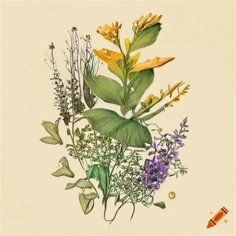Arrangement of botanical medicinal herbs drawing