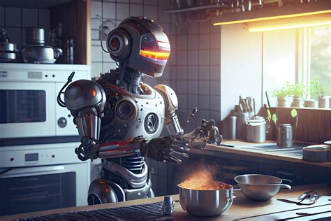 Robot chef cooking in kitchen of future home genius, smart robot ...