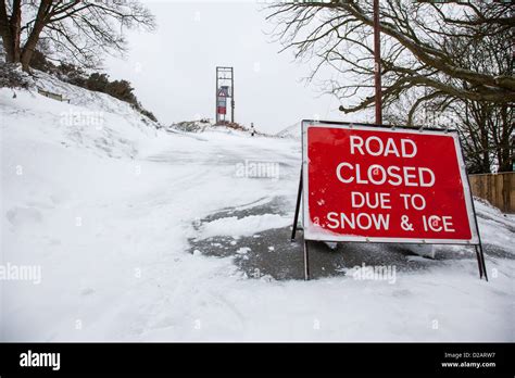 Road Closed Due To Snow and Ice Warning notice on the Burway, on the Long Mynd near Church ...