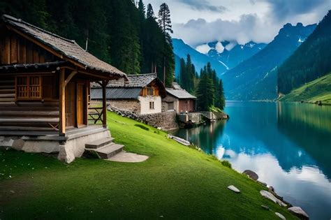 Premium Photo | A cabin by a lake with a mountain view