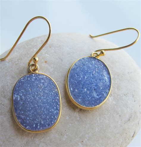 Blue Druzy Oval Dangle Earring- Blue Gold Drop Earring- Real Druzy Earring- Raw Blue Gemstone ...