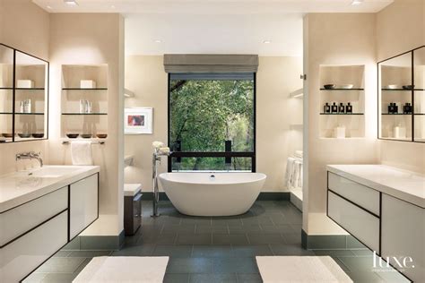 Contemporary Cream Bathroom with White-Glass-and-Walnut Vanities - Luxe ...