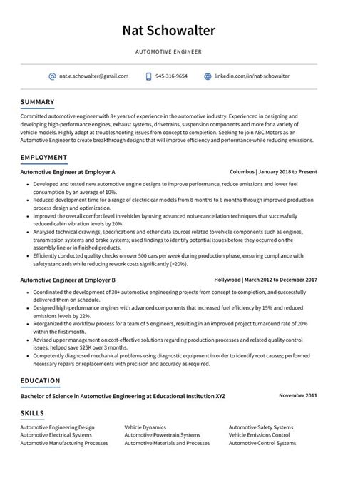 Automotive Engineer Resume (CV) Example and Writing Guide