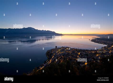 Lac Leman Montreux scenery landscape sundown sunset town city building lake Léman Lake Geneva ...